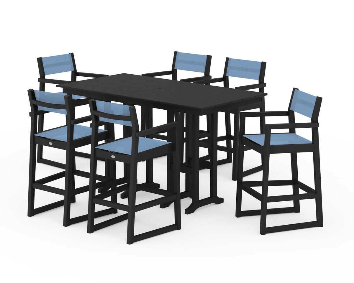 POLYWOOD EDGE Sling Arm Chair 7-Piece Farmhouse Bar Set in Black / Poolside