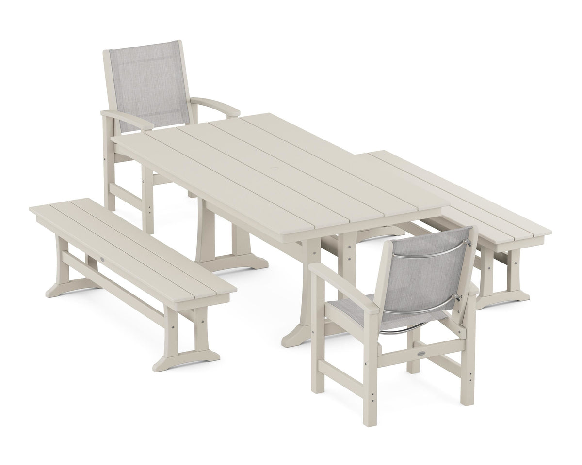 POLYWOOD Coastal 5-Piece Farmhouse Dining Set with Trestle Legs and Benches in Sand / Parchment