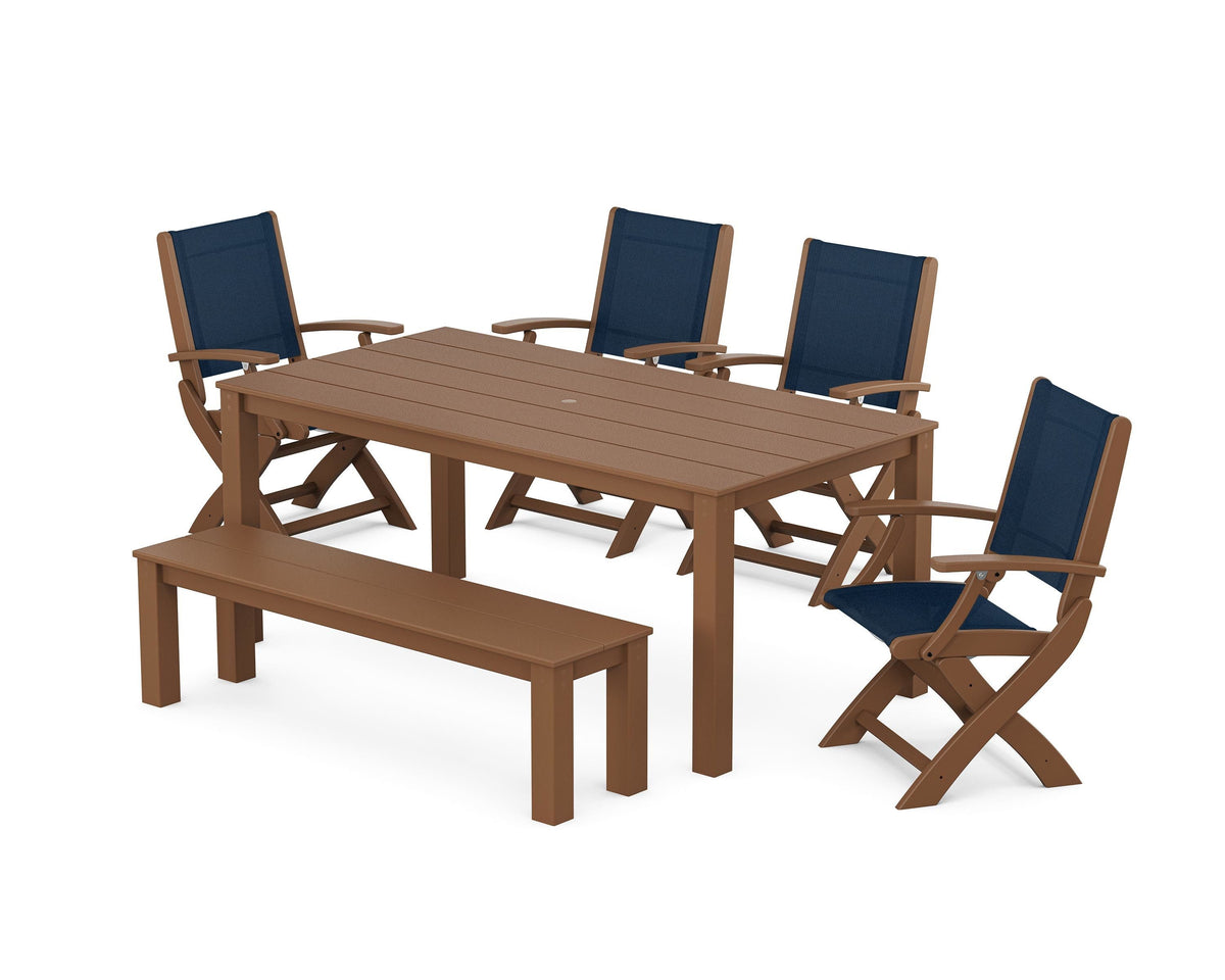 POLYWOOD Coastal Folding Chair 6-Piece Parsons Dining Set with Bench in Teak / Navy Blue