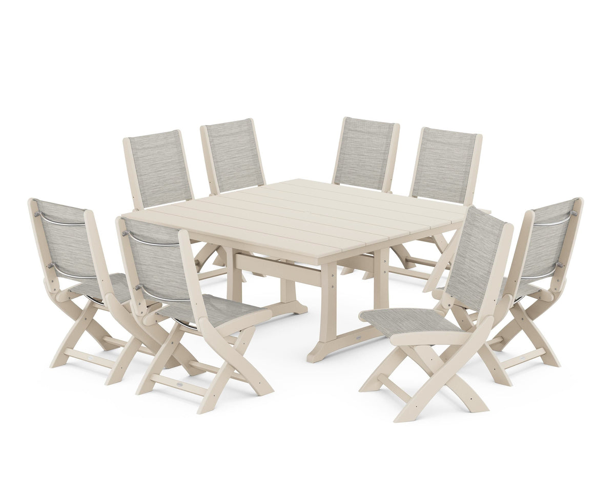POLYWOOD Coastal Folding Side Chair 9-Piece Farmhouse Dining Set in Sand / Birch