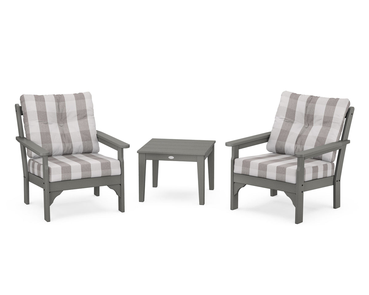 POLYWOOD Vineyard 3-Piece Deep Seating Set in Slate Grey / Buffalo Plaid Grey Mist