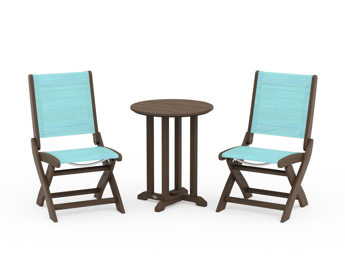 POLYWOOD Coastal Folding Side Chair 3-Piece Round Bistro Dining Set in Kona / Dupioni Aquamarine