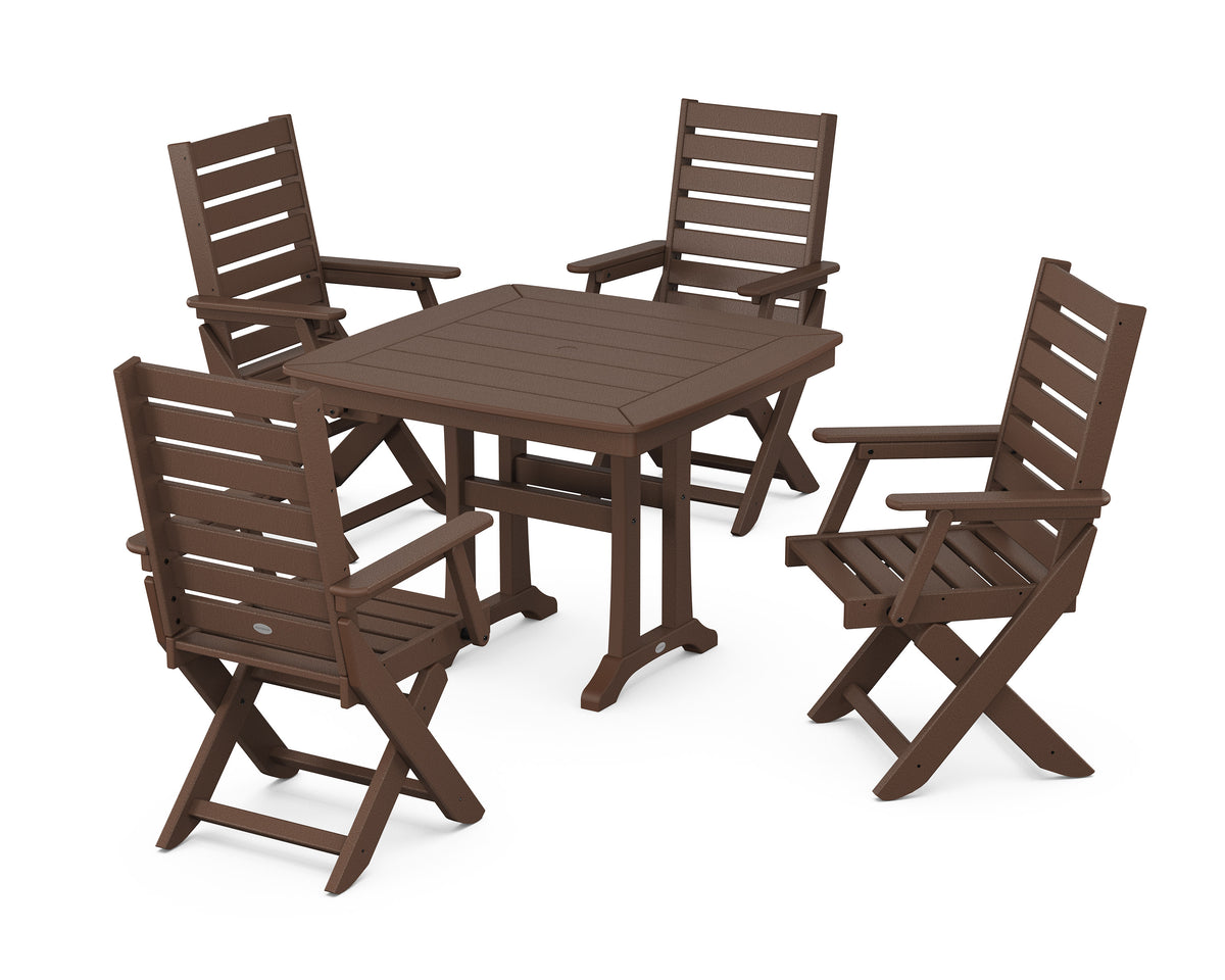 POLYWOOD Captain Folding Chair 5-Piece Dining Set with Trestle Legs - 37" Table in Mahogany