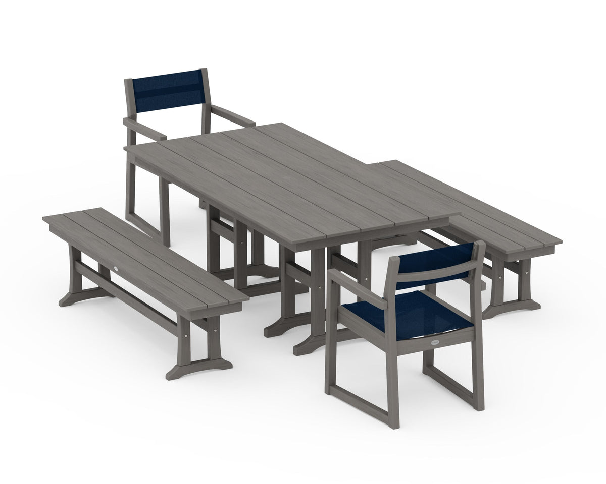 POLYWOOD EDGE Sling Arm Chair 5-Piece Farmhouse Dining Set with Benches in Driftwood / Navy Blue
