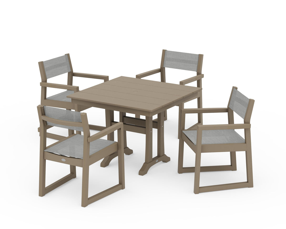 POLYWOOD EDGE Sling 5-Piece Farmhouse Dining Set with Trestle Legs in Vintage Sahara / Metallic
