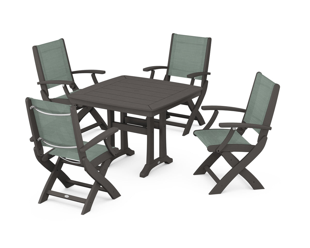POLYWOOD Coastal Folding Chair 5-Piece Dining Set with Trestle Legs in Vintage Coffee / Dupioni Sea Mist
