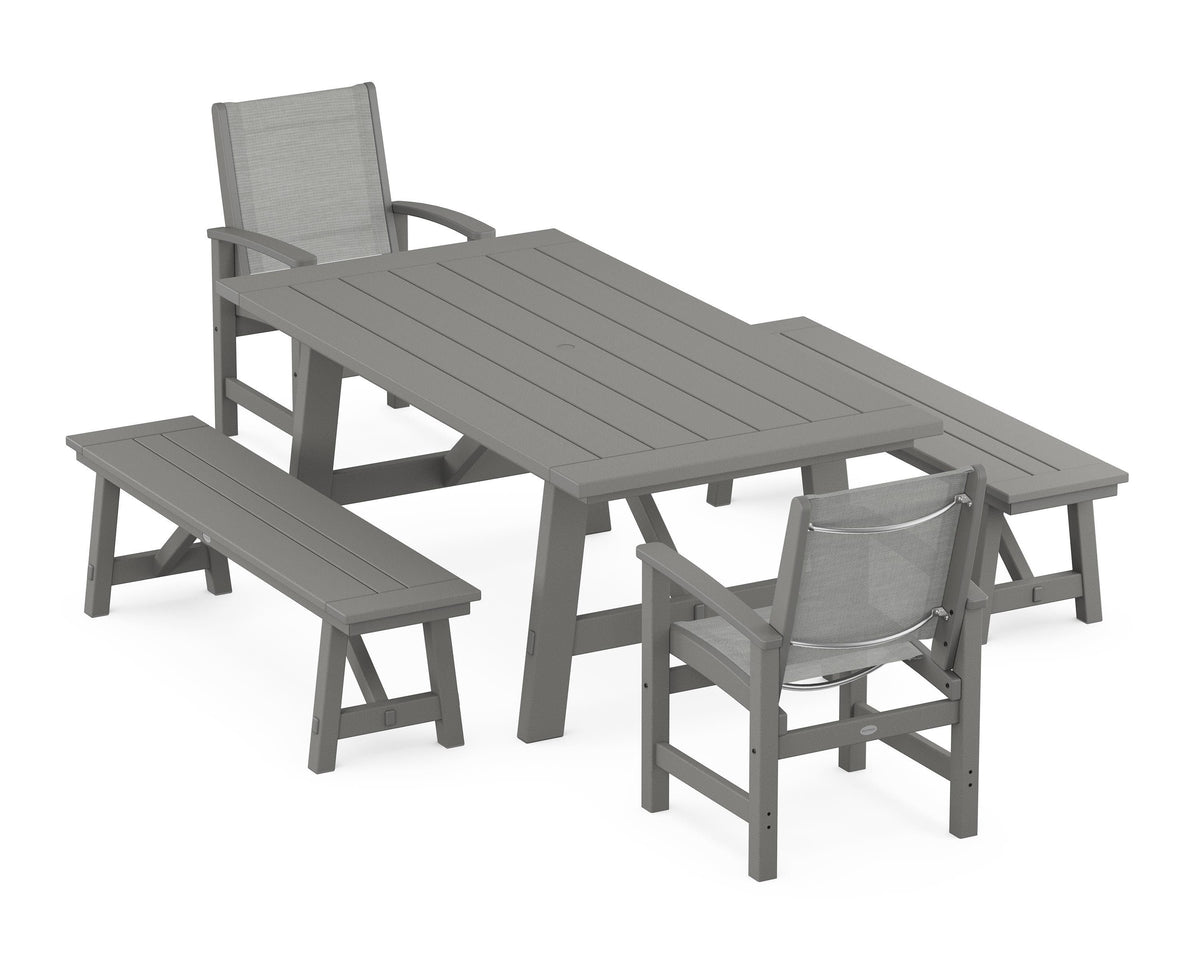 POLYWOOD Coastal 5-Piece Rustic Farmhouse Dining Set With Benches in Slate Grey / Metallic