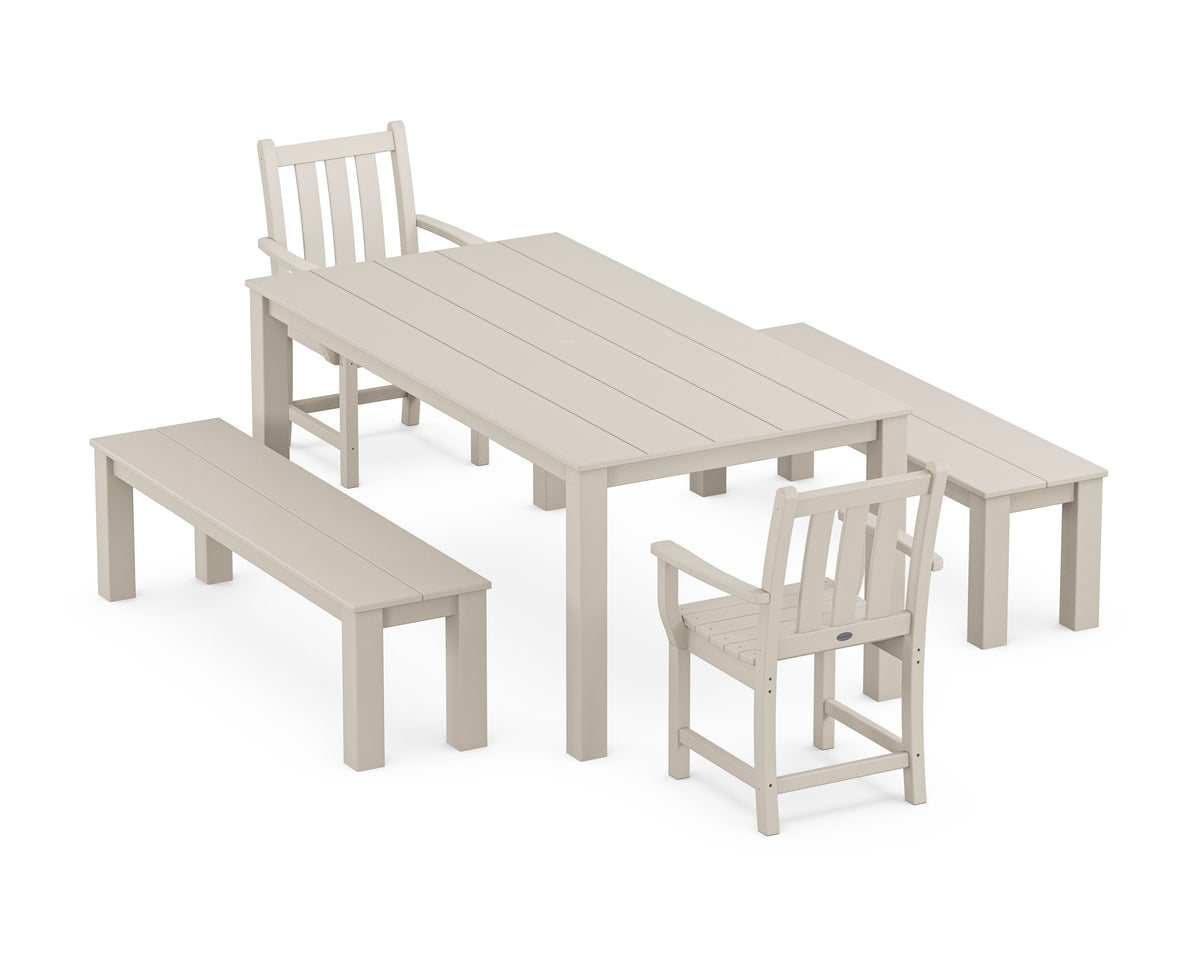 POLYWOOD Traditional Garden 5-Piece Parsons Dining Set with Benches in Sand