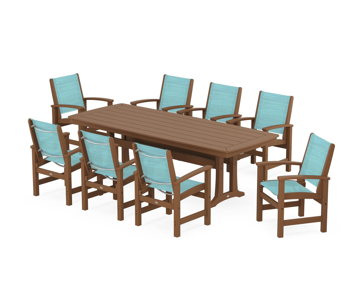 POLYWOOD Coastal 9-Piece Dining Set with Trestle Legs in Teak / Dupioni Aquamarine
