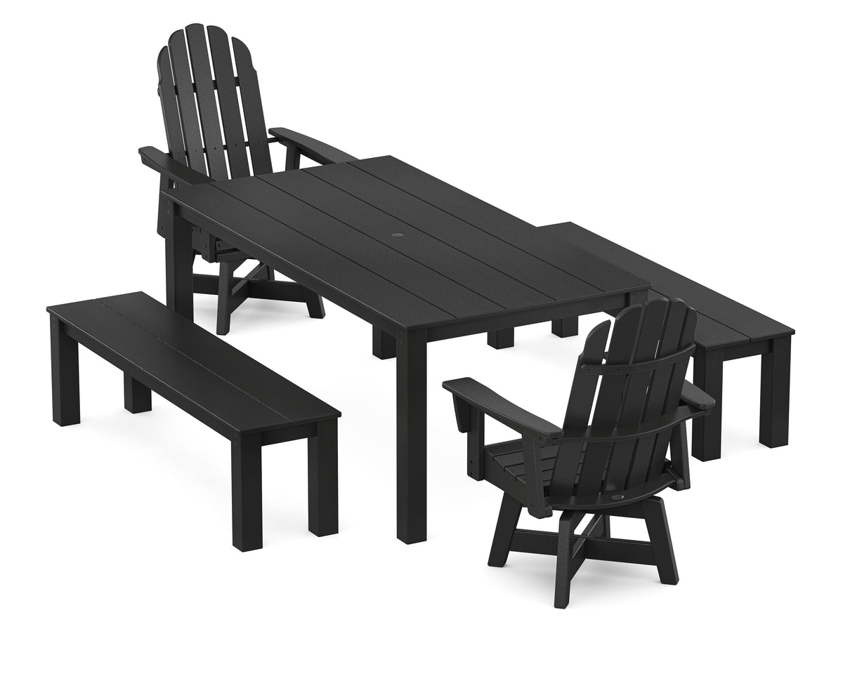 POLYWOOD Vineyard Curveback Adirondack 5-Piece Parsons Swivel Dining Set with Benches in Black