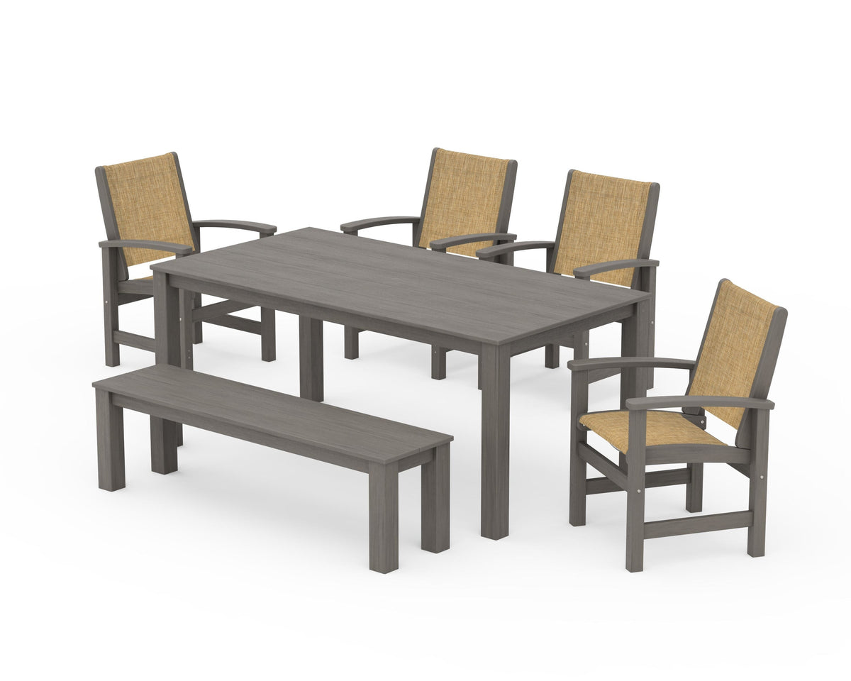 POLYWOOD Coastal 6-Piece Parsons Dining Set with Bench in Driftwood / Burlap