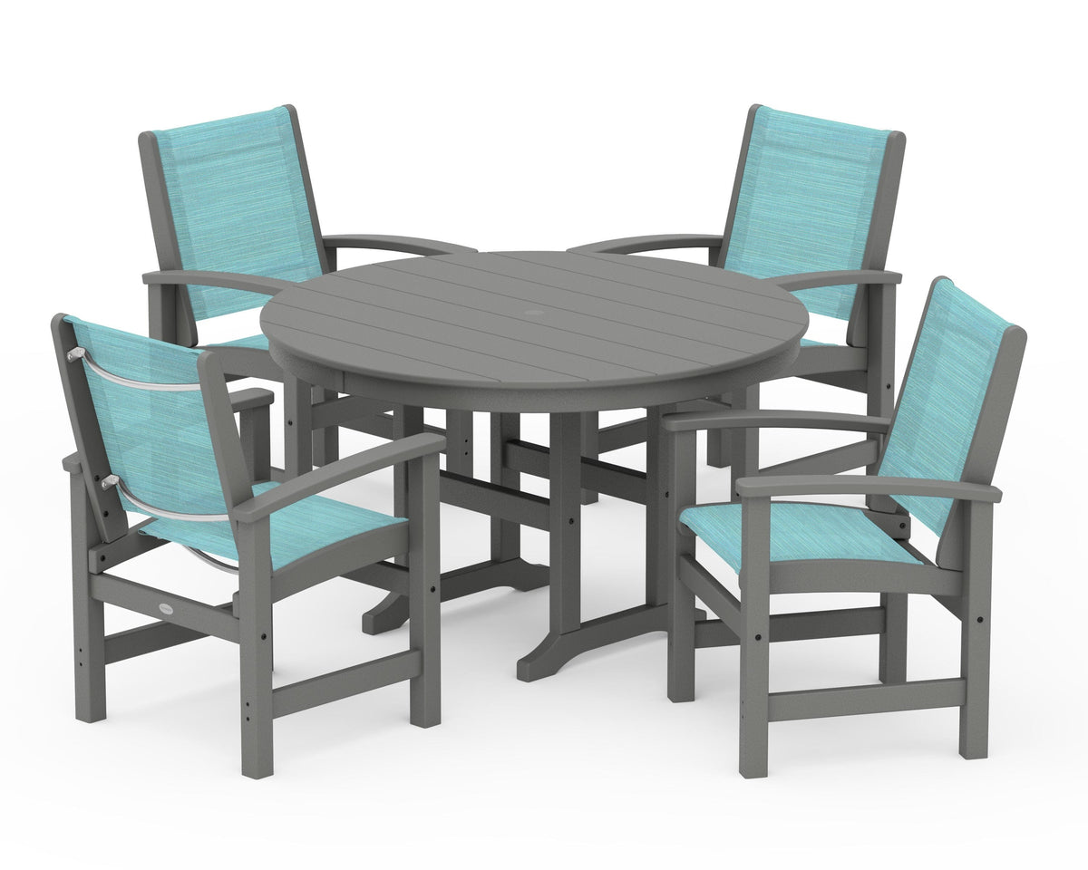 POLYWOOD Coastal 5-Piece Round Farmhouse Dining Set in Slate Grey / Dupioni Aquamarine