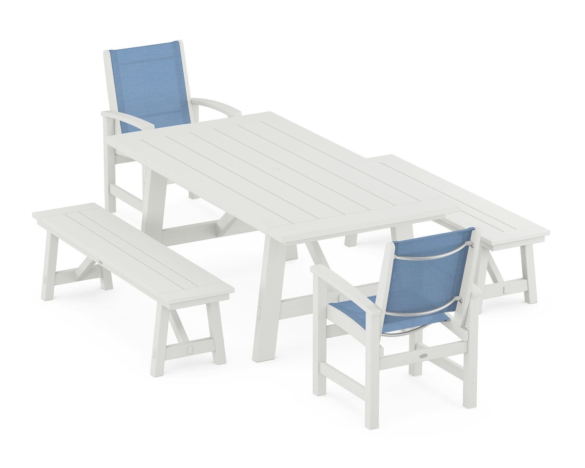 POLYWOOD Coastal 5-Piece Rustic Farmhouse Dining Set With Benches in Vintage White / Poolside