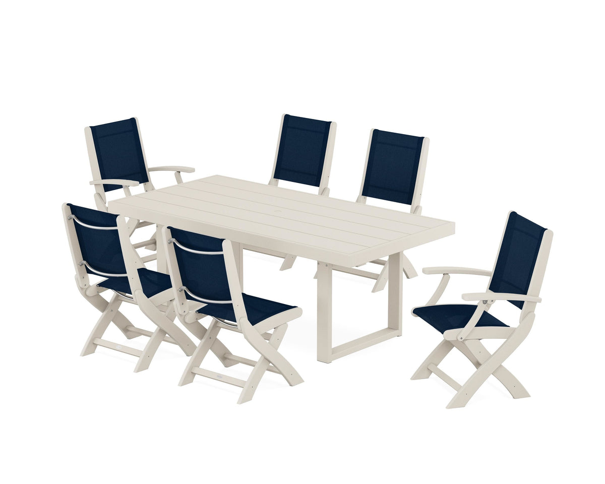 POLYWOOD Coastal Folding Chair 7-Piece Dining Set with Trestle Legs with EDGE 40" x 78" Dining Table in Sand / Navy Blue