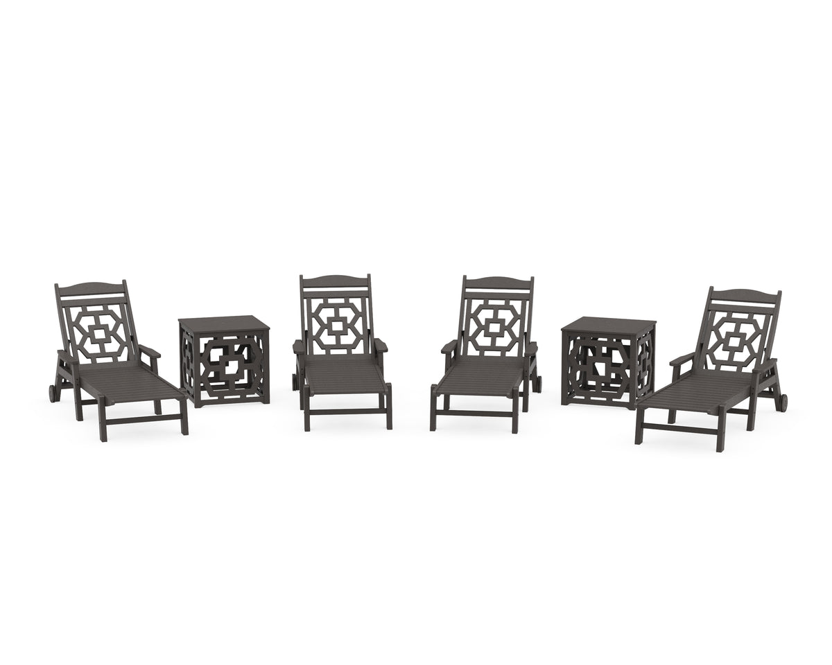 POLYWOOD Chinoiserie 6-Piece Chaise Set with Umbrella Stand Accent Table in Vintage Coffee