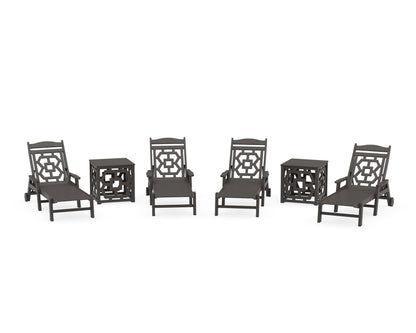 POLYWOOD Chinoiserie 6-Piece Chaise Set with Umbrella Stand Accent Table in Vintage Coffee