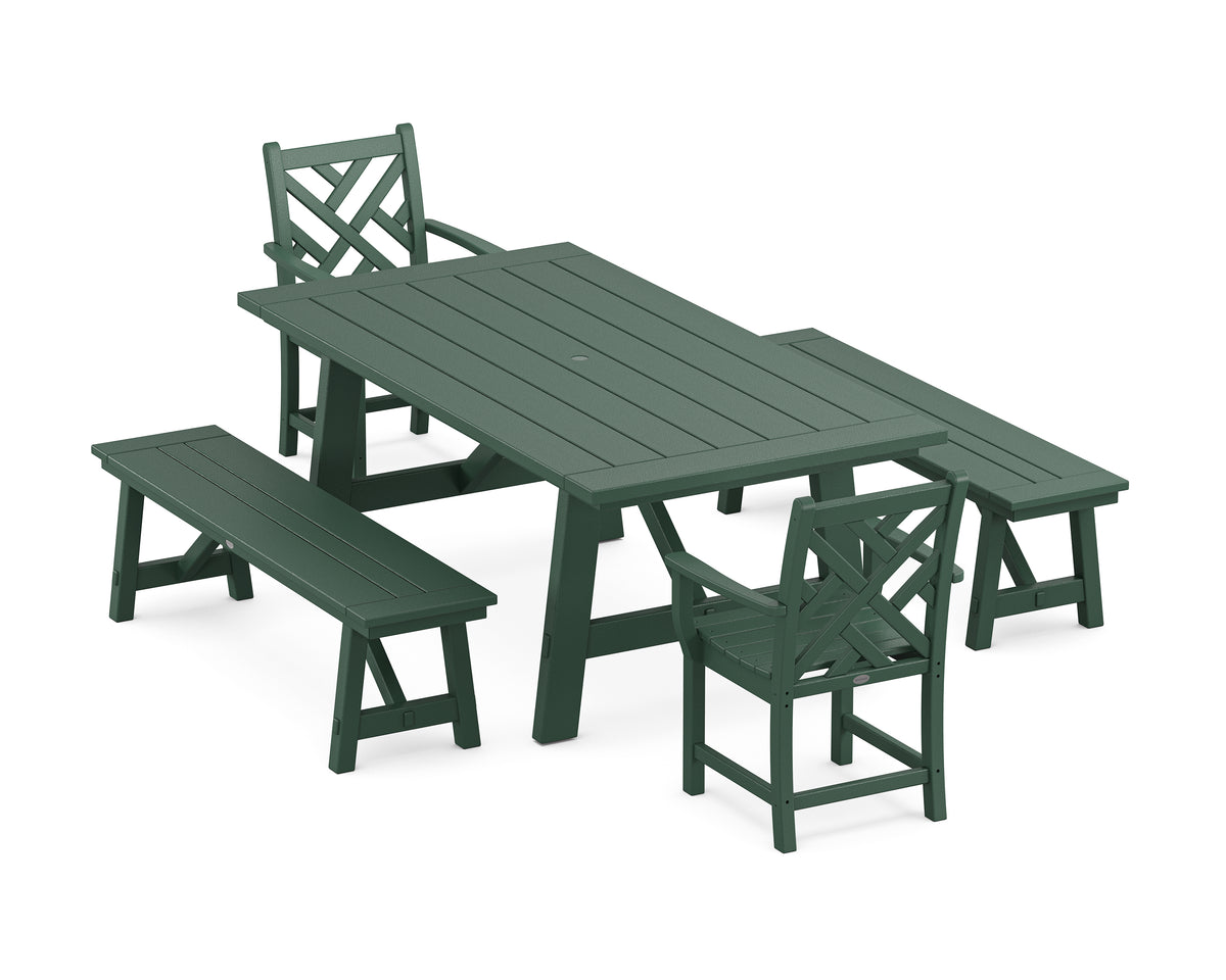 POLYWOOD Chippendale 5-Piece Rustic Farmhouse Dining Set with Benches in Green