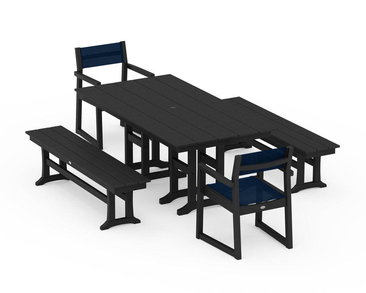 POLYWOOD EDGE Sling Arm Chair 5-Piece Farmhouse Dining Set with Benches in Black / Navy Blue