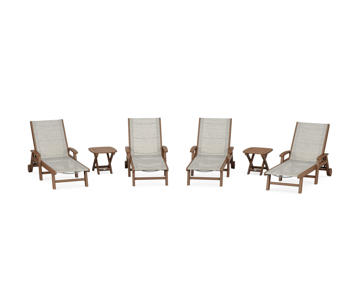 POLYWOOD Coastal Chaise 6-Piece Set with Wheels in Teak / Birch