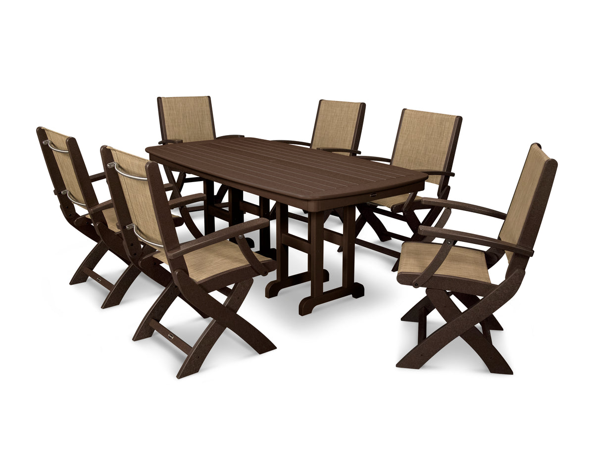 POLYWOOD Coastal Folding Arm Chair 7-Piece Dining Set in Mahogany / Burlap