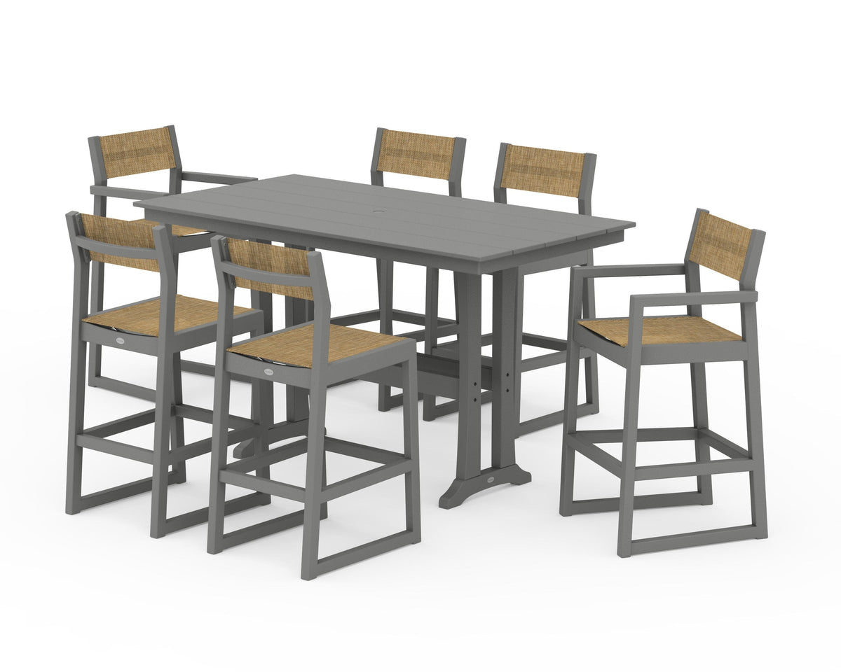 POLYWOOD EDGE Sling 7-Piece Farmhouse Bar Set with Trestle Legs in Slate Grey / Burlap