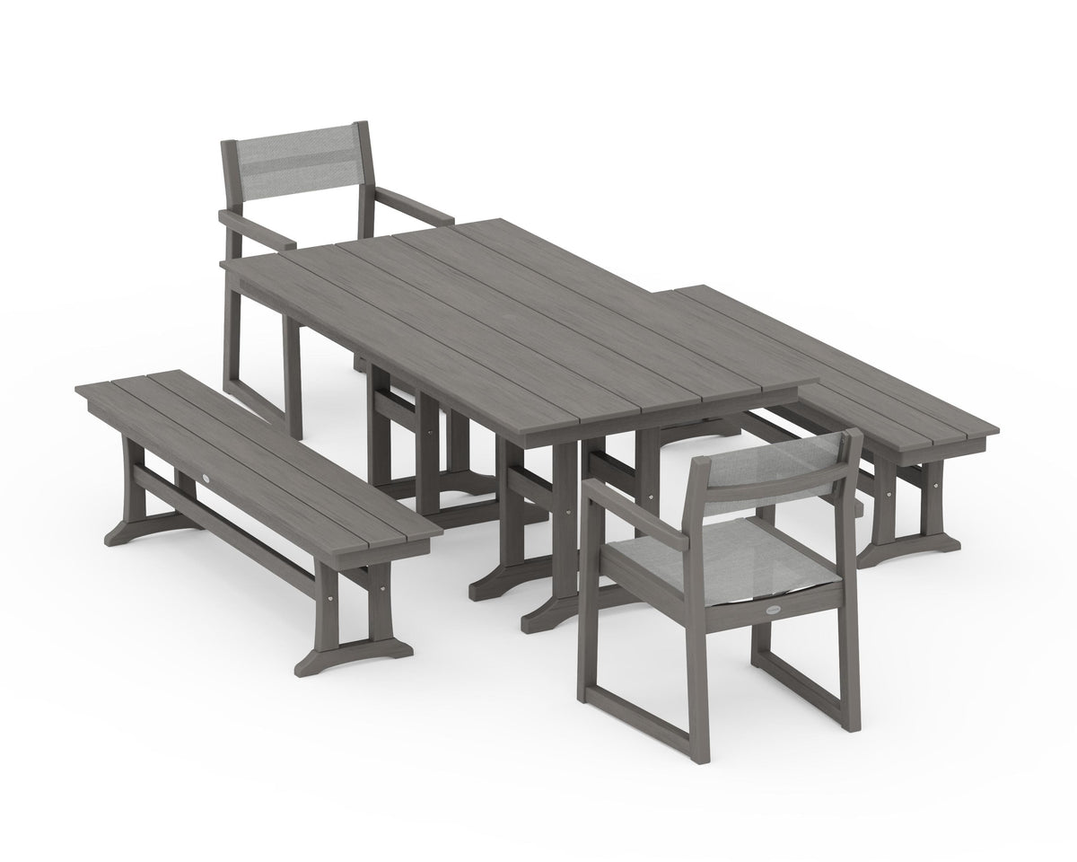 POLYWOOD EDGE Sling Arm Chair 5-Piece Farmhouse Dining Set with Benches in Driftwood / Metallic