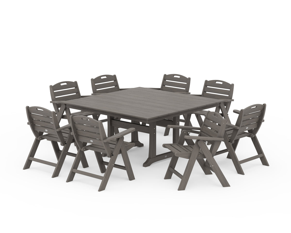 POLYWOOD Nautical Lowback 9-Piece Square Farmhouse Dining Set with Trestle Legs in Driftwood