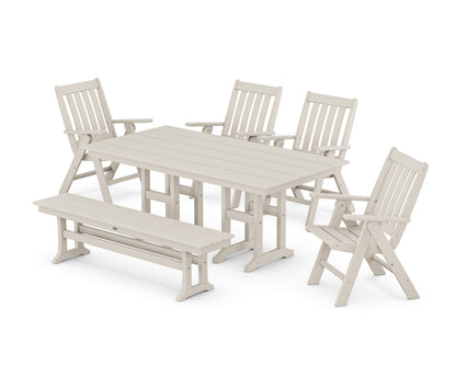 POLYWOOD Vineyard Folding Chair 6-Piece Farmhouse Dining Set with Bench in Sand