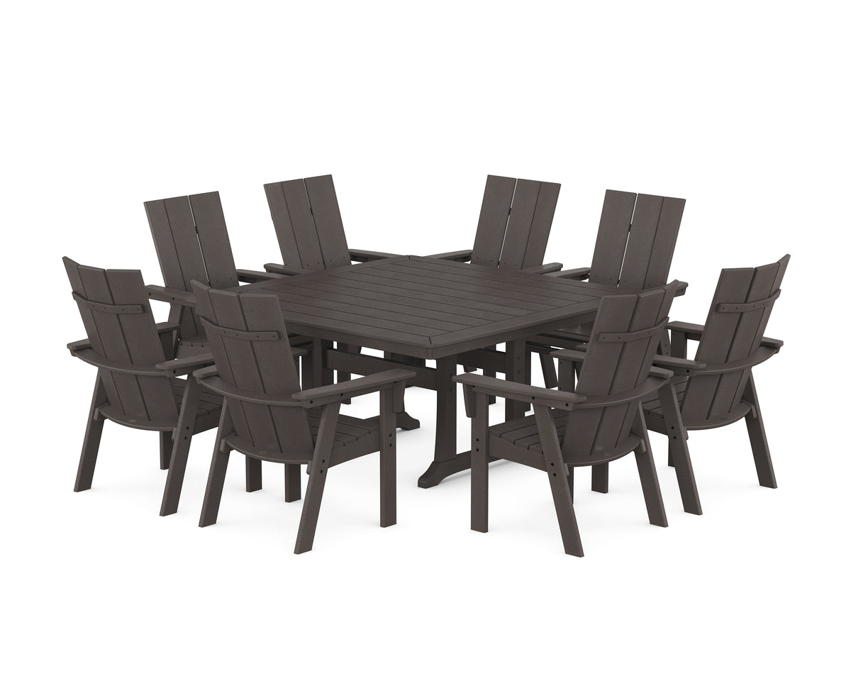 POLYWOOD Modern Curveback Adirondack 9-Piece Square Dining Set with Trestle Legs in Vintage Coffee