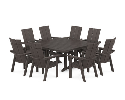 POLYWOOD Modern Curveback Adirondack 9-Piece Square Dining Set with Trestle Legs in Vintage Coffee