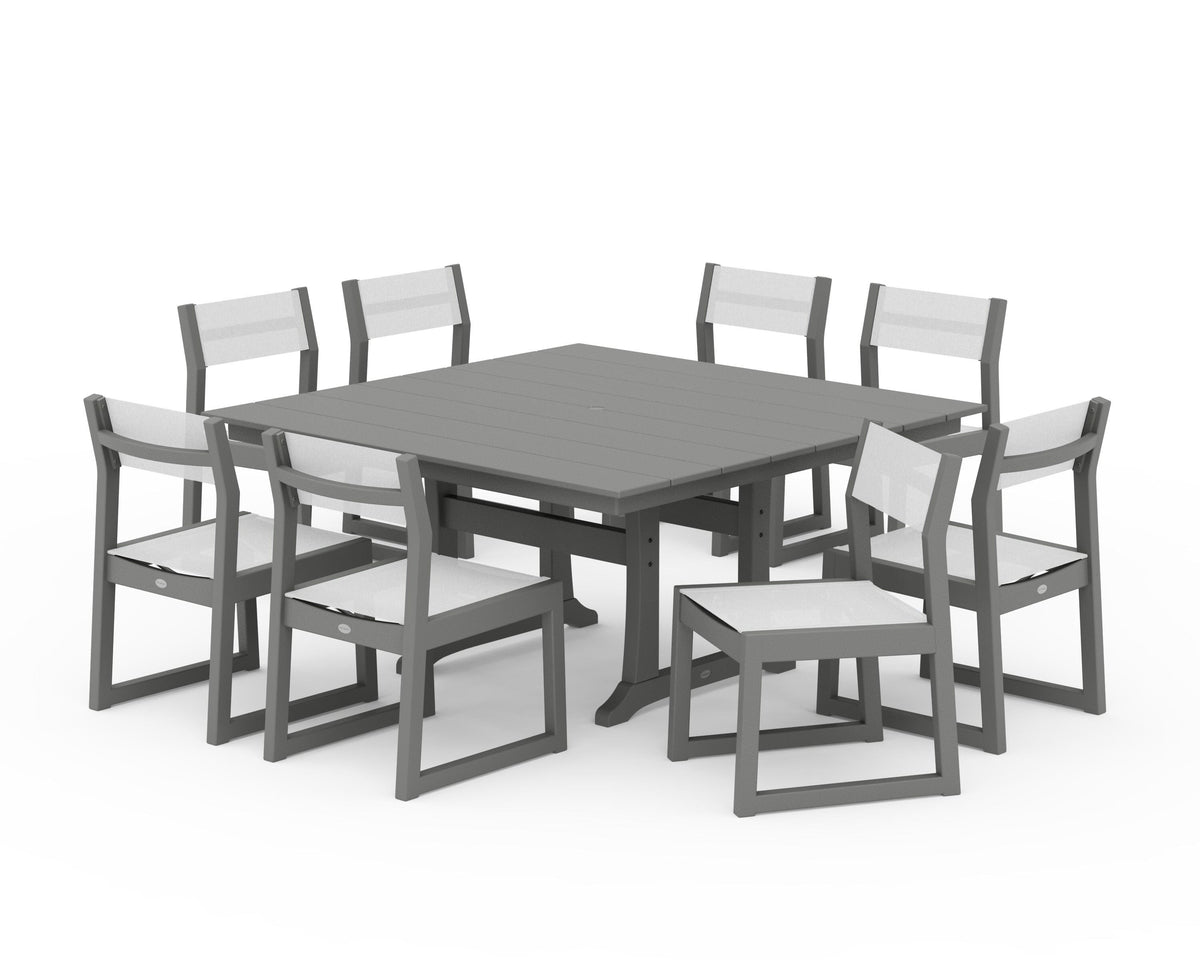 POLYWOOD EDGE Sling Side Chair 9-Piece Farmhouse Trestle Dining Set in Slate Grey / White