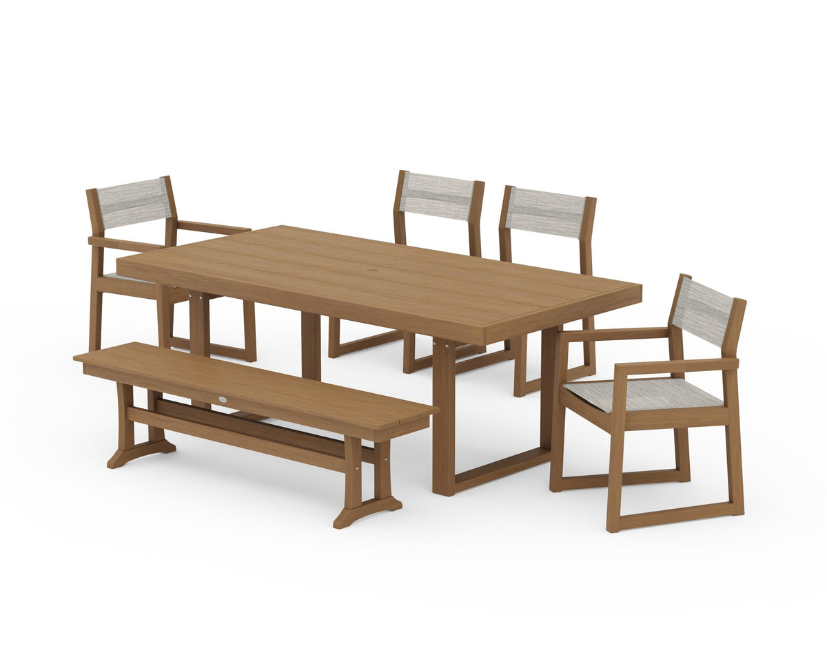 POLYWOOD EDGE Sling 6-Piece Dining Set with Bench in Natural / Birch