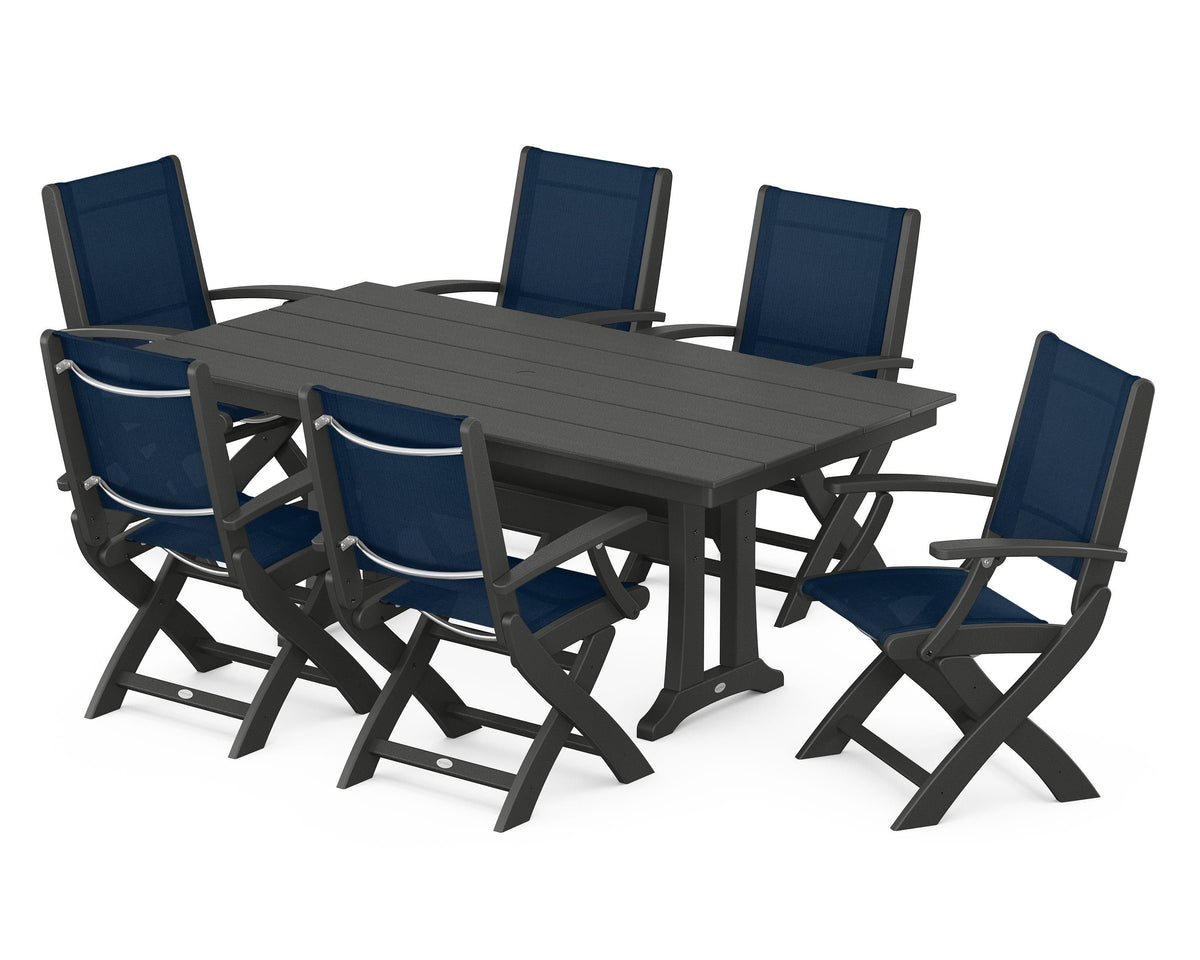 POLYWOOD Coastal Folding Arm Chair 7-Piece Farmhouse Dining Set with Trestle Legs in Black / Navy Blue