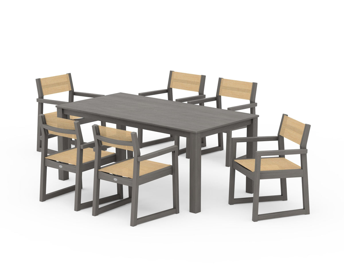 POLYWOOD EDGE Sling Arm Chair 7-Piece Parsons Dining Set in Driftwood / Dupioni Apricot