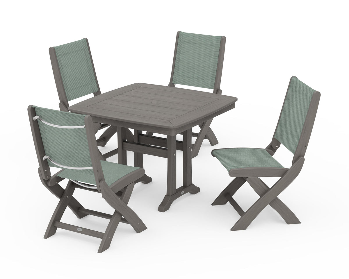 POLYWOOD Coastal Folding Side Chair 5-Piece Dining Set with Trestle Legs in Driftwood / Dupioni Sea Mist