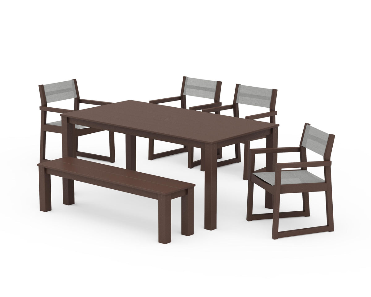 POLYWOOD EDGE Sling Arm Chair 6-Piece Parsons Dining Set with Bench in Mahogany / Metallic