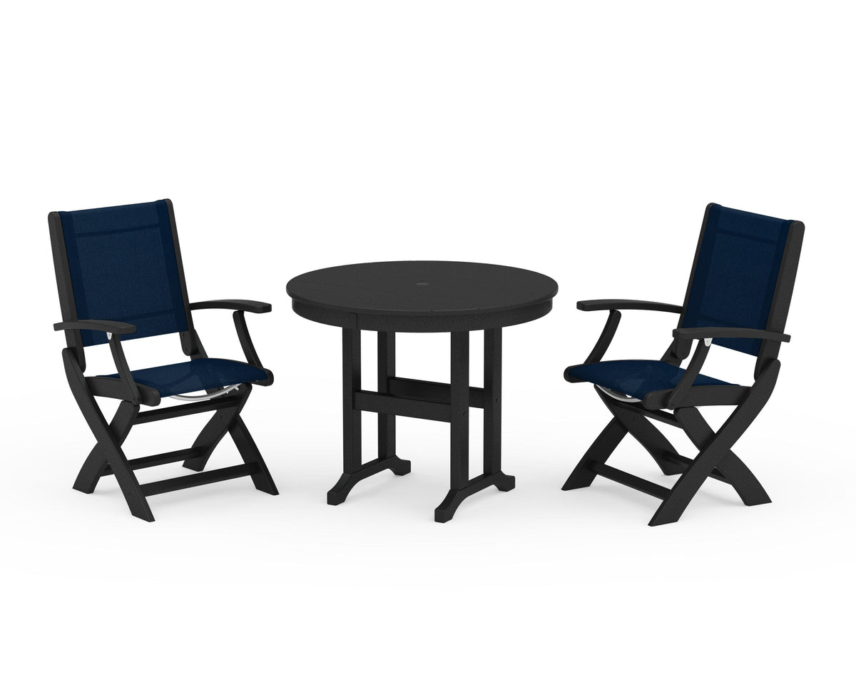 POLYWOOD Coastal Folding Chair 3-Piece Round Dining Set in Black / Navy Blue