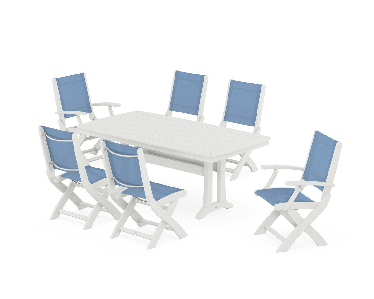POLYWOOD Coastal Folding Chair 7-Piece Dining Set with Trestle Legs with Nautical Trestle 38" x 73" Dining Table in Vintage White / Poolside