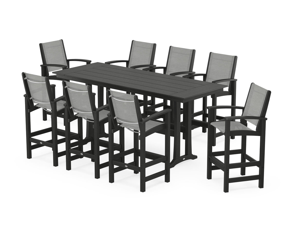 POLYWOOD Coastal 9-Piece Farmhouse Bar Set with Trestle Legs in Black / Metallic