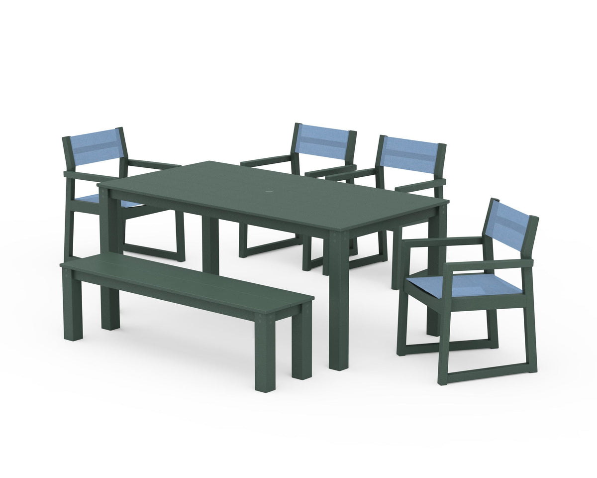 POLYWOOD EDGE Sling Arm Chair 6-Piece Parsons Dining Set with Bench in Green / Poolside