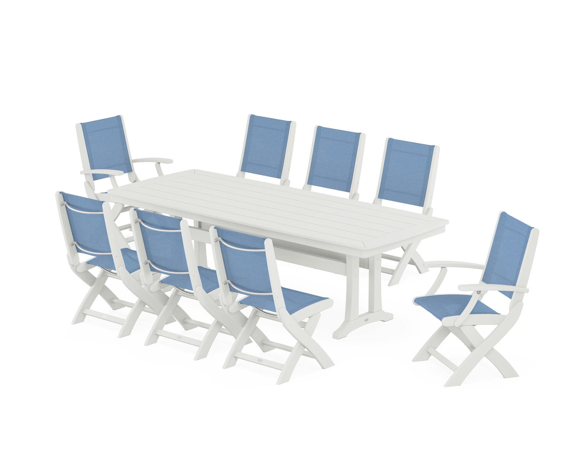 POLYWOOD Coastal Folding 9-Piece Dining Set with Trestle Legs in Vintage White / Poolside