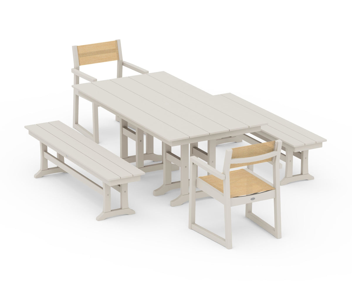 POLYWOOD EDGE Sling Arm Chair 5-Piece Farmhouse Dining Set with Benches in Sand / Dupioni Apricot