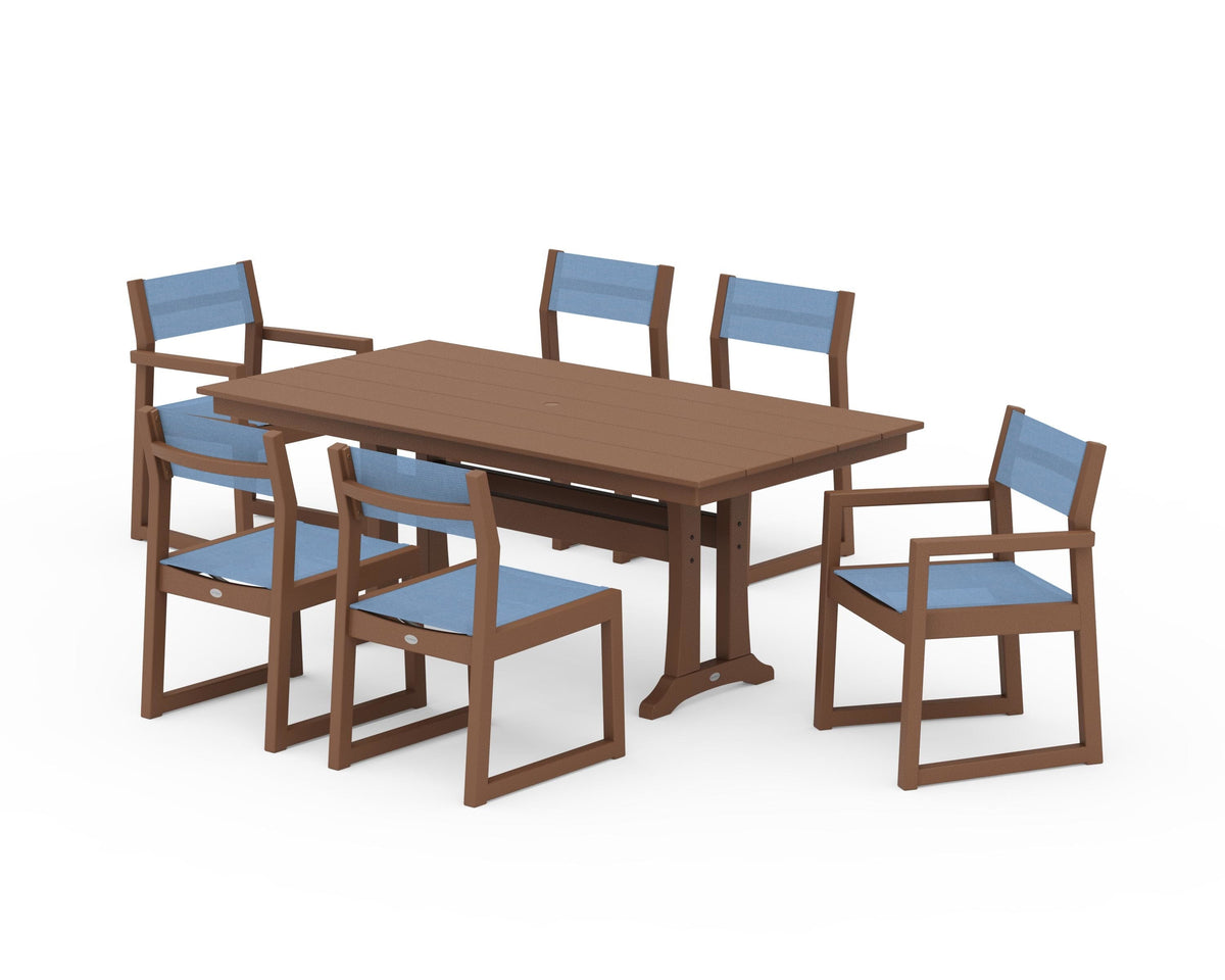 POLYWOOD EDGE Sling 7-Piece Farmhouse Trestle Dining Set in Teak / Poolside