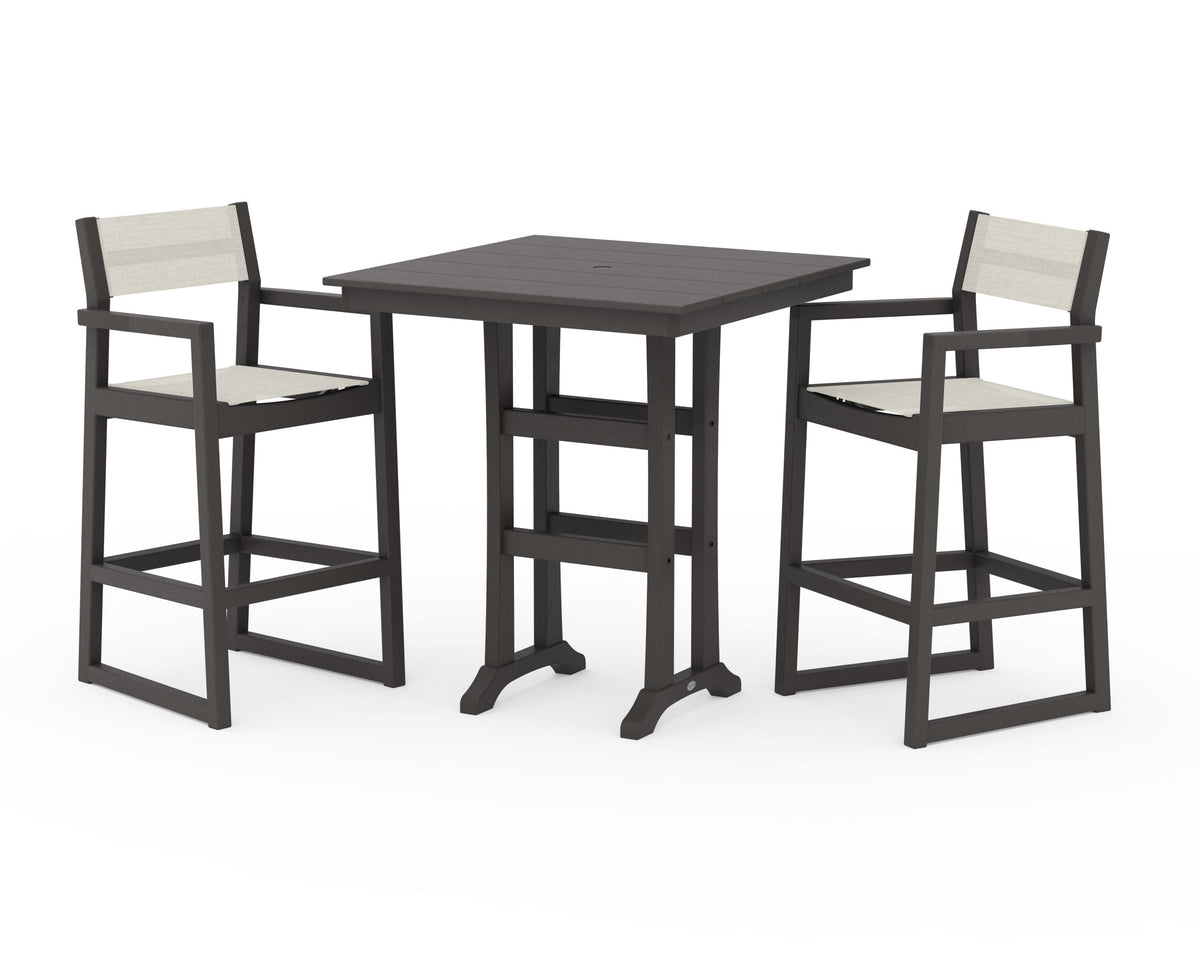 POLYWOOD EDGE Sling Arm Chair 3-Piece Farmhouse Bar Set with Trestle Legs in Vintage Coffee / Parchment