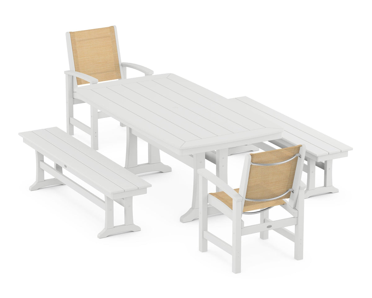 POLYWOOD Coastal 5-Piece Dining Set with Trestle Legs and Benches in White / Dupioni Apricot