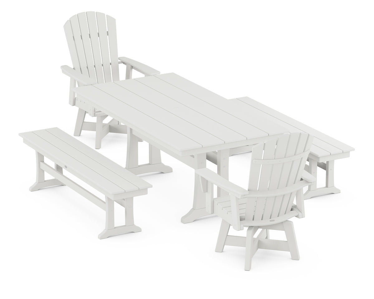 POLYWOOD Nautical Curveback Adirondack Swivel Chair 5-Piece Farmhouse Dining Set with Trestle Legs and Benches in Vintage White