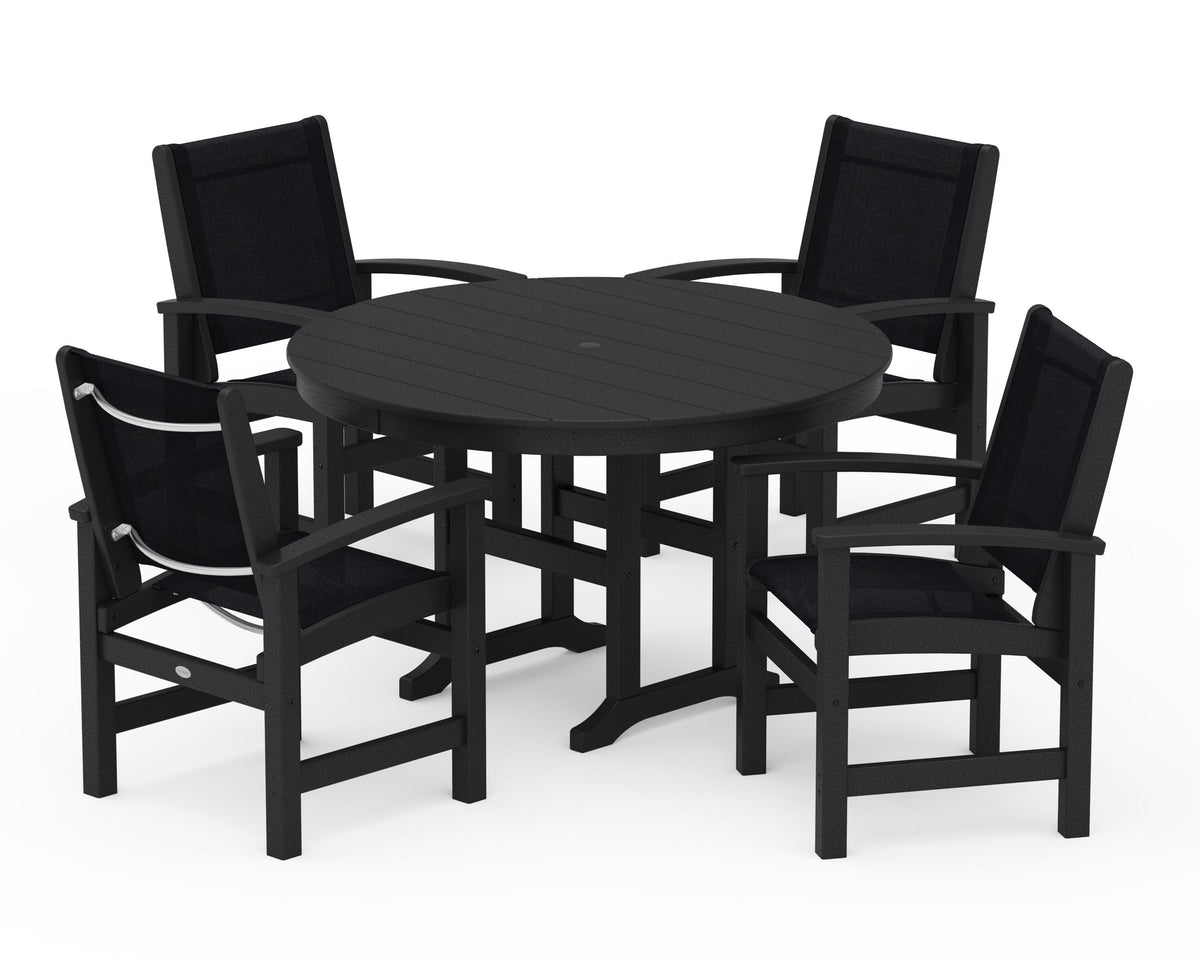 POLYWOOD Coastal 5-Piece Round Farmhouse Dining Set in Black / Black
