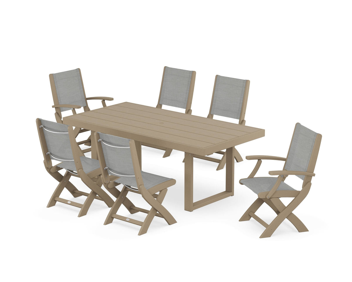 POLYWOOD Coastal Folding Chair 7-Piece Dining Set with Trestle Legs with EDGE 40" x 78" Dining Table in Vintage Sahara / Metallic
