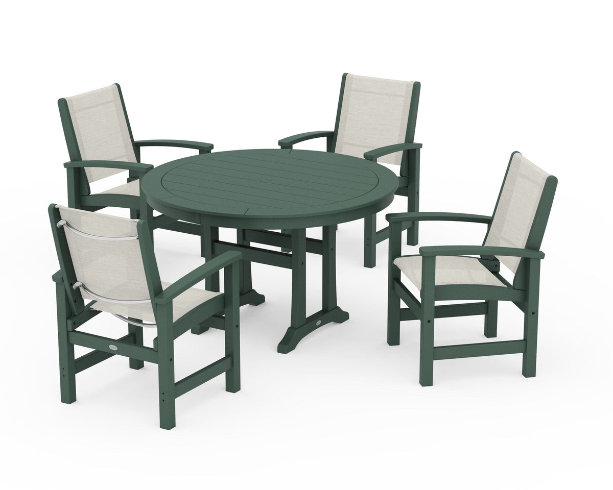 POLYWOOD Coastal 5-Piece Round Dining Set with Trestle Legs in Green / Parchment