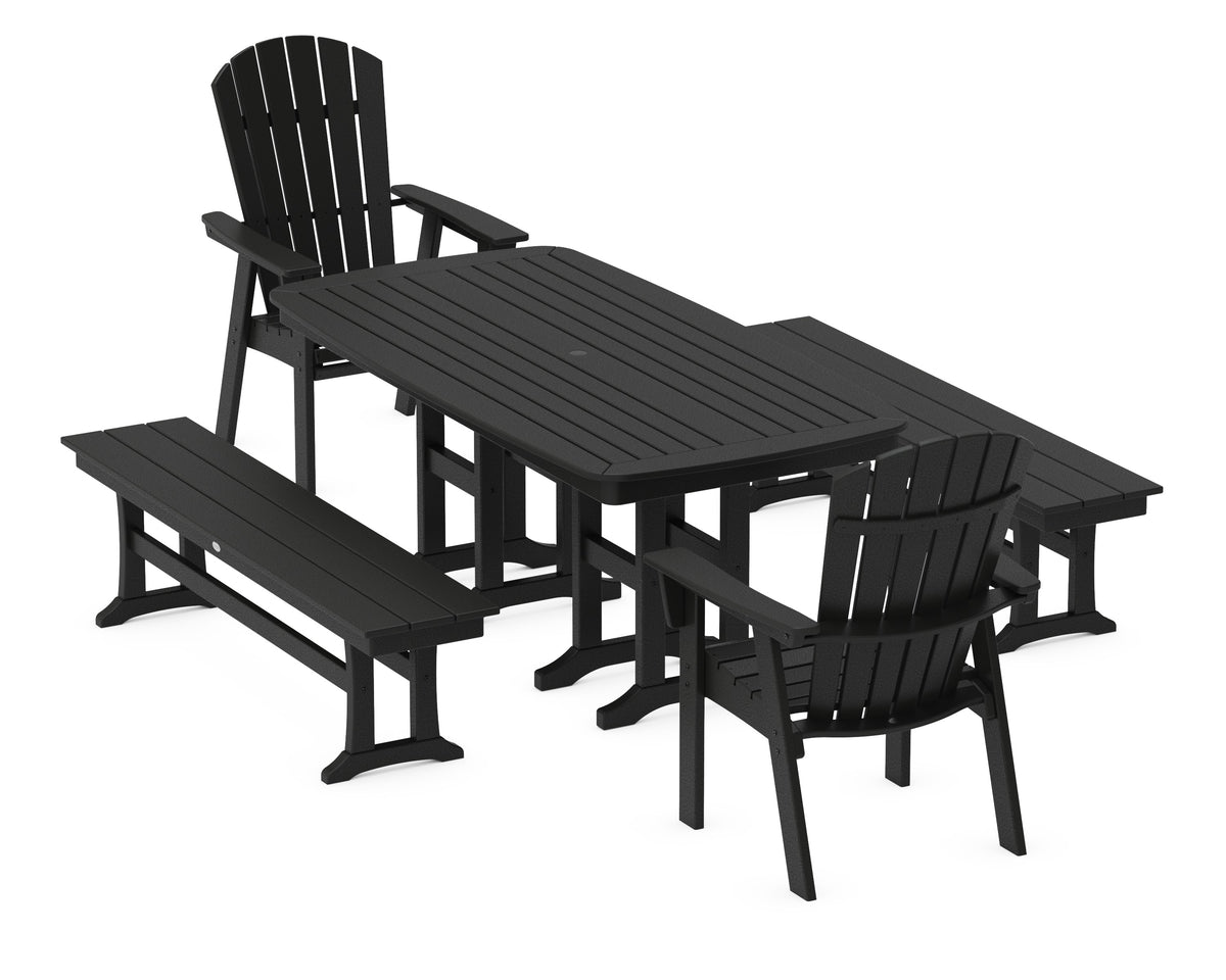 POLYWOOD Nautical Curveback Adirondack 5-Piece Dining Set with Benches - 37" x 72" Table in Black